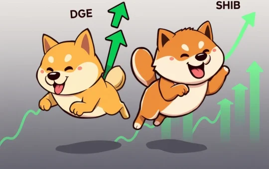 Shiba Inu and Dogecoin racing upwards on a crypto chart, symbolizing SHIB's potential 6,000% gain and the intense meme coin rivalry, highlighting the Shiba Inu price prediction.