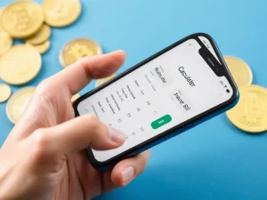 Smartphone displaying a reduced crypto tax bill with blockchain symbols