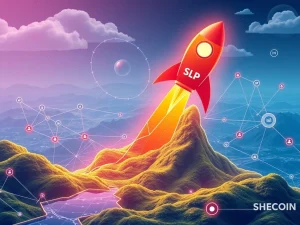 SLP cryptocurrency's explosive 6070% growth visualized with blockchain elements
