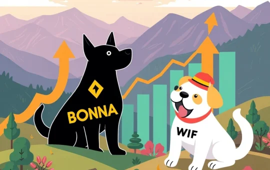Depicts the explosive growth of BONK and WIF crypto, highlighting Solana's impact on the memecoin market.