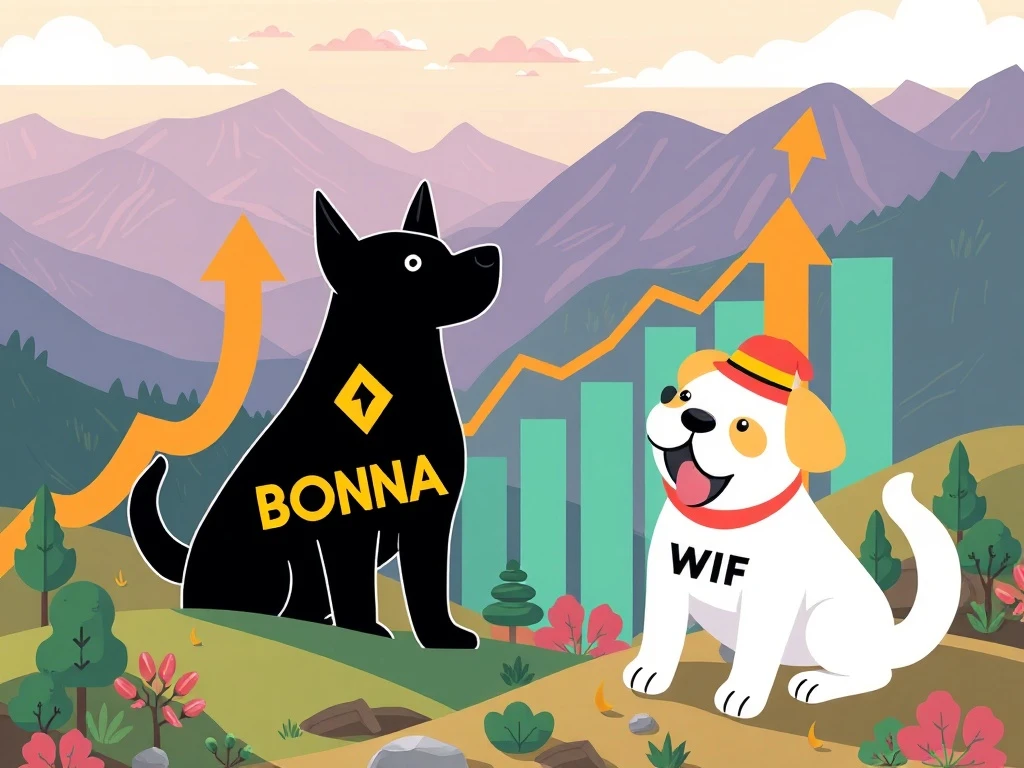 Depicts the explosive growth of BONK and WIF crypto, highlighting Solana's impact on the memecoin market.