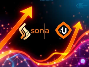 A visual representation of the Solana News and Sui crypto surge, depicting digital currency symbols ascending with blockchain elements.