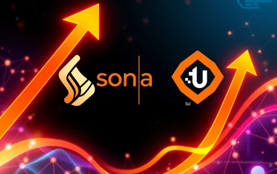 A visual representation of the Solana News and Sui crypto surge, depicting digital currency symbols ascending with blockchain elements.