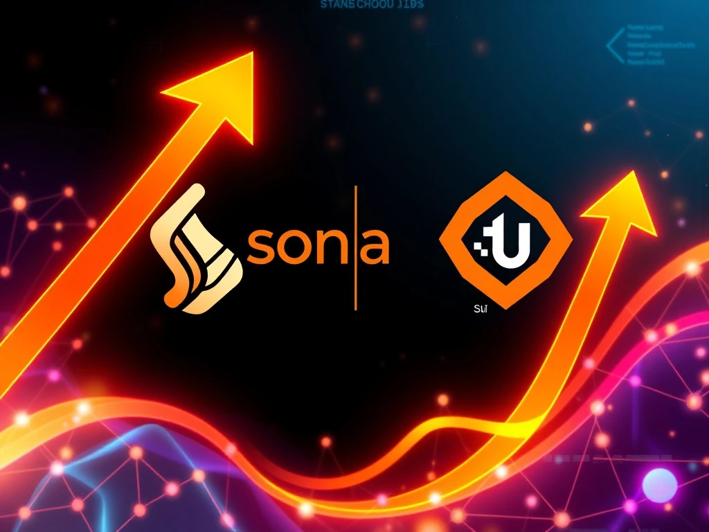 A visual representation of the Solana News and Sui crypto surge, depicting digital currency symbols ascending with blockchain elements.