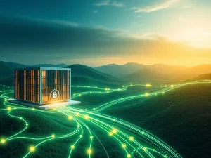 A secure digital network linking a corporate building with the Solana logo, illustrating Solana Enterprise solutions for businesses.