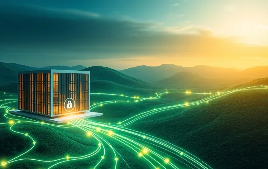 A secure digital network linking a corporate building with the Solana logo, illustrating Solana Enterprise solutions for businesses.