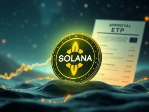 Solana (SOL) coin symbol glowing with financial charts and ETF documents in the background