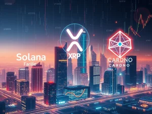 Digital representation of crypto market trends with Solana, XRP, and Cardano symbols, highlighting the impact of a potential Solana ETF on altcoin prices.
