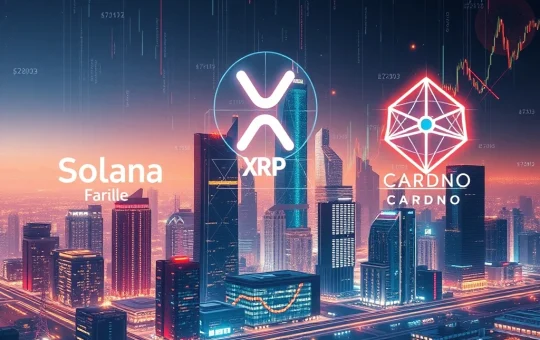 Digital representation of crypto market trends with Solana, XRP, and Cardano symbols, highlighting the impact of a potential Solana ETF on altcoin prices.