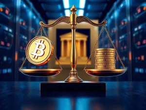 Illustrates the severe implications of the Solana lawsuit, showing legal scales balancing blockchain symbols, representing the alleged Pump.fun RICO meme coin gambling scheme.