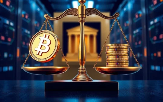 Illustrates the severe implications of the Solana lawsuit, showing legal scales balancing blockchain symbols, representing the alleged Pump.fun RICO meme coin gambling scheme.