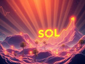 A dynamic visual depicting Solana's potential to achieve a $500 billion market cap, showing upward trends and digital innovation.