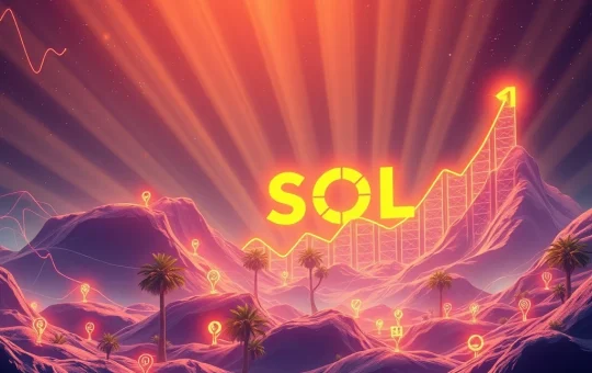 A dynamic visual depicting Solana's potential to achieve a $500 billion market cap, showing upward trends and digital innovation.