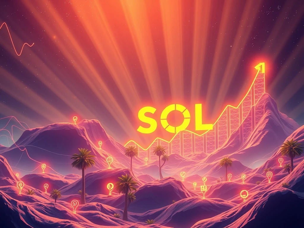 A dynamic visual depicting Solana's potential to achieve a $500 billion market cap, showing upward trends and digital innovation.