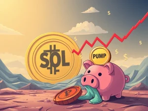 Illustrating Solana meme coin volatility, a PUMP token icon dramatically falls while a large SOL coin remains stable, symbolizing a failed crypto buyback.