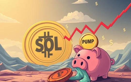 Illustrating Solana meme coin volatility, a PUMP token icon dramatically falls while a large SOL coin remains stable, symbolizing a failed crypto buyback.