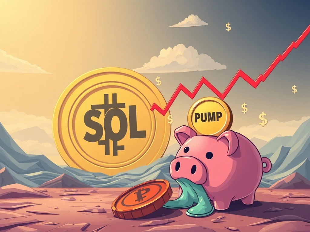Illustrating Solana meme coin volatility, a PUMP token icon dramatically falls while a large SOL coin remains stable, symbolizing a failed crypto buyback.