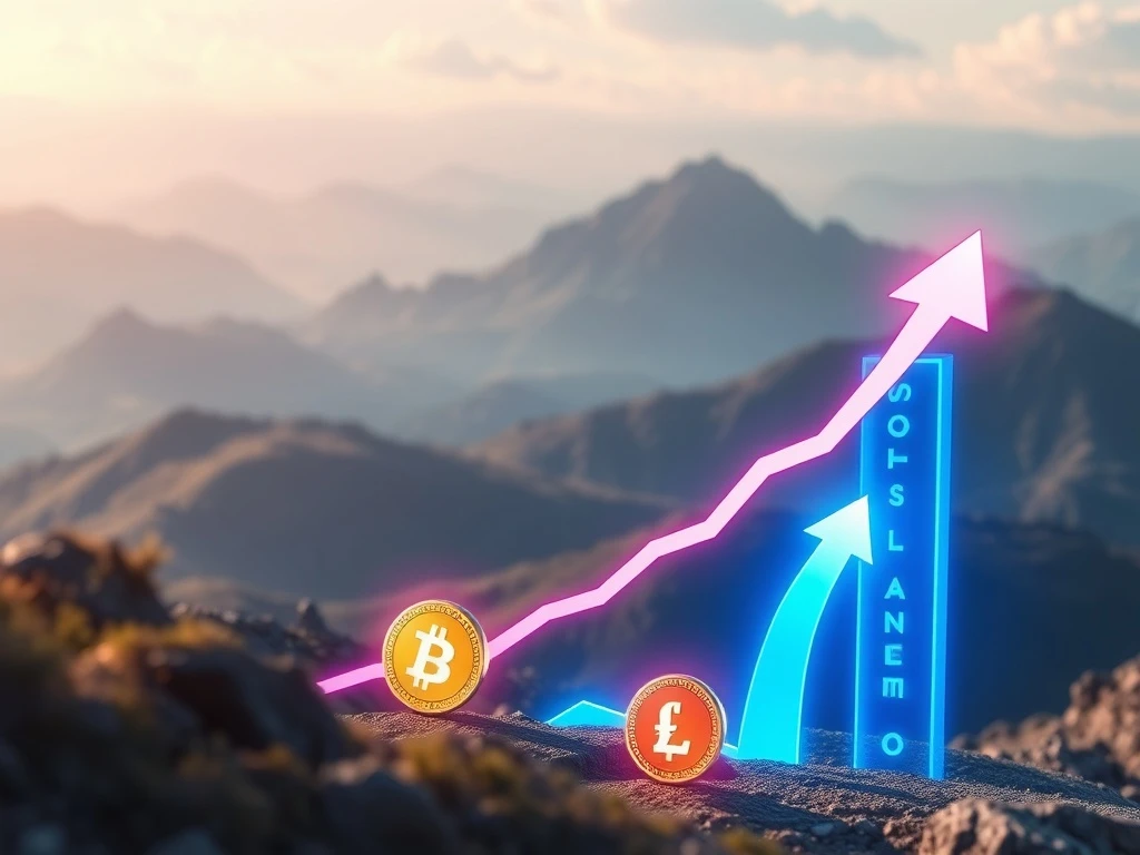 Illustrates low-cap tokens LILPEPE and XLM rising dramatically, symbolizing their 20x crypto return potential amidst a backdrop of Solana's market nearing ATH.