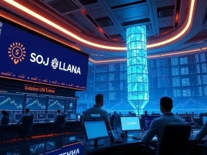 Solana news highlights CBOE's staked INJ ETF filing on a digital trading floor