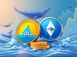 Solana and Stellar coins with rising price charts and whale symbols