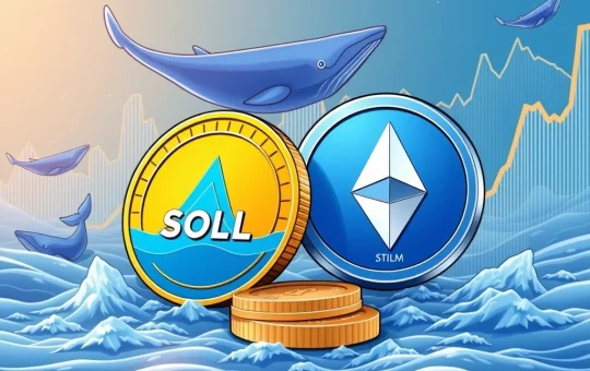 Solana and Stellar coins with rising price charts and whale symbols
