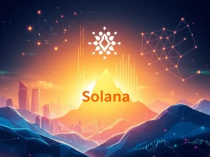 A dynamic visual representing Solana's potential growth, featuring the Solana logo soaring amidst charts and symbols of real-world asset (RWA) integration, illustrating the ambitious Solana price prediction for 2025.