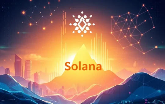 A dynamic visual representing Solana's potential growth, featuring the Solana logo soaring amidst charts and symbols of real-world asset (RWA) integration, illustrating the ambitious Solana price prediction for 2025.