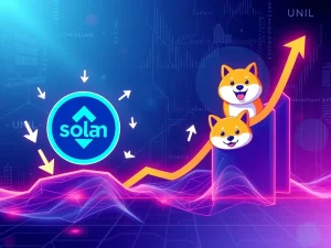Chart showing Solana price decline with arrows pointing down, while UNIL token and Shiba Inu logos rise, illustrating a shift in altcoin investments.