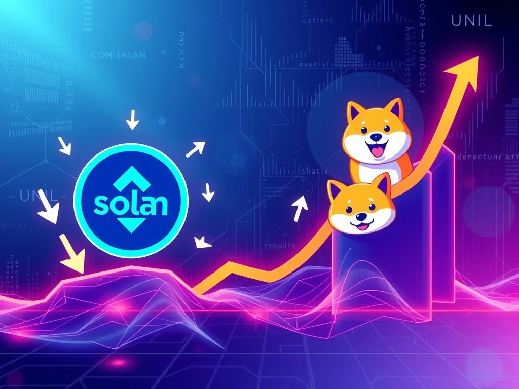 Chart showing Solana price decline with arrows pointing down, while UNIL token and Shiba Inu logos rise, illustrating a shift in altcoin investments.