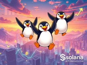 Pudgy Penguins characters symbolize the phenomenal PENGU price explosion and NFT floor price jump driven by Solana news and ETF speculation.