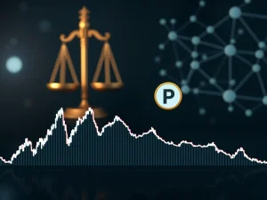 A plummeting chart representing the PUMP token's dramatic decline, with legal documents in the background, illustrating the impact of the RICO lawsuit on the Solana ecosystem.