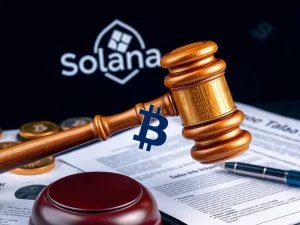 A visual representation of the serious Solana RICO charges, with legal symbols and blockchain elements indicating a major crypto lawsuit.
