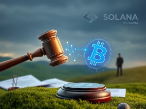 A digital gavel strikes a blockchain symbol, representing the serious Solana RICO lawsuit impacting crypto gambling and memecoin regulation.