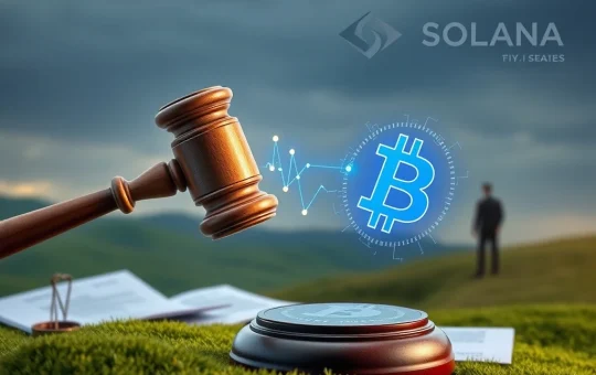 A digital gavel strikes a blockchain symbol, representing the serious Solana RICO lawsuit impacting crypto gambling and memecoin regulation.