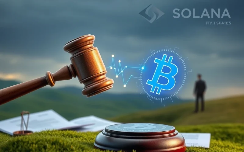 A digital gavel strikes a blockchain symbol, representing the serious Solana RICO lawsuit impacting crypto gambling and memecoin regulation.