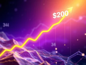 A vibrant digital graph showing Solana (SOL) price surging past $200, symbolizing altcoin market optimism.