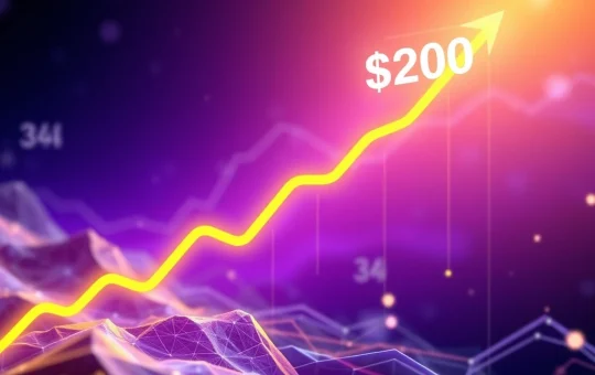 A vibrant digital graph showing Solana (SOL) price surging past $200, symbolizing altcoin market optimism.