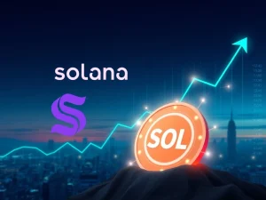 Visualizing the revolutionary Solana Staking ETF, showing digital assets growing with staking rewards.