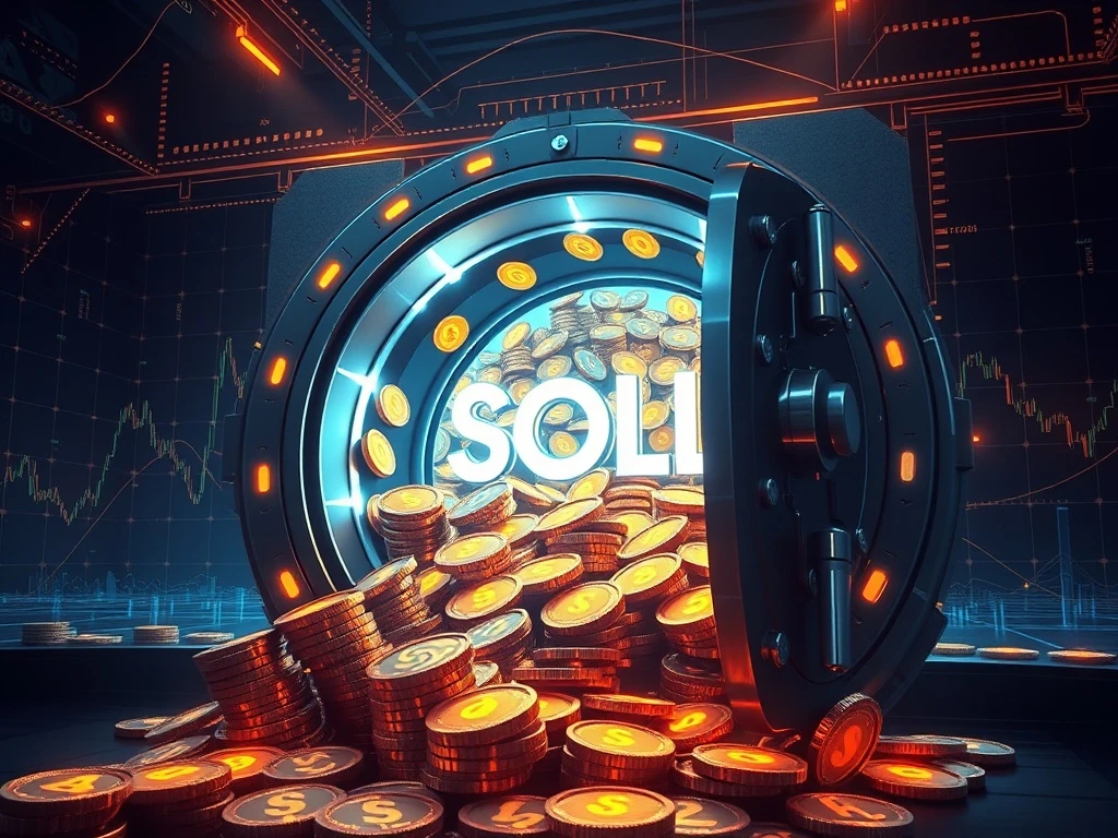 A massive digital vault, representing the Accelerate Solana Treasury, overflowing with SOL tokens, symbolizing the monumental $1.51 billion investment in Solana.