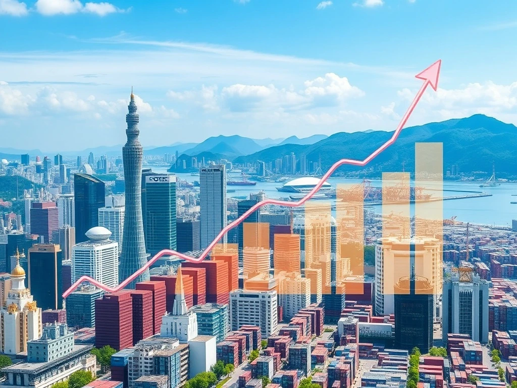 South Korea GDP growth reflected in a bustling port and modern skyline, showcasing the nation's resilient economic rebound driven by export surge.