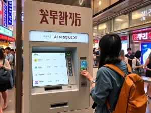 Foreign tourist using a Kaia USDT stablecoin ATM in South Korea