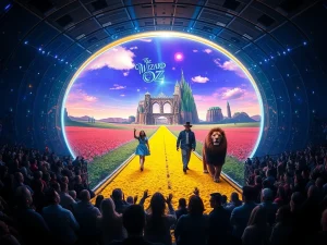 The iconic Sphere Las Vegas arena showcasing a dazzling AI entertainment projection of The Wizard of Oz, creating an immersive experience for viewers.