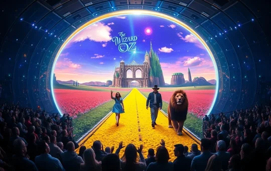 The iconic Sphere Las Vegas arena showcasing a dazzling AI entertainment projection of The Wizard of Oz, creating an immersive experience for viewers.