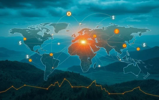 A visual metaphor for stablecoin adoption causing global contagion, showing digital currency symbols creating ripple effects across a world map, highlighting financial instability.