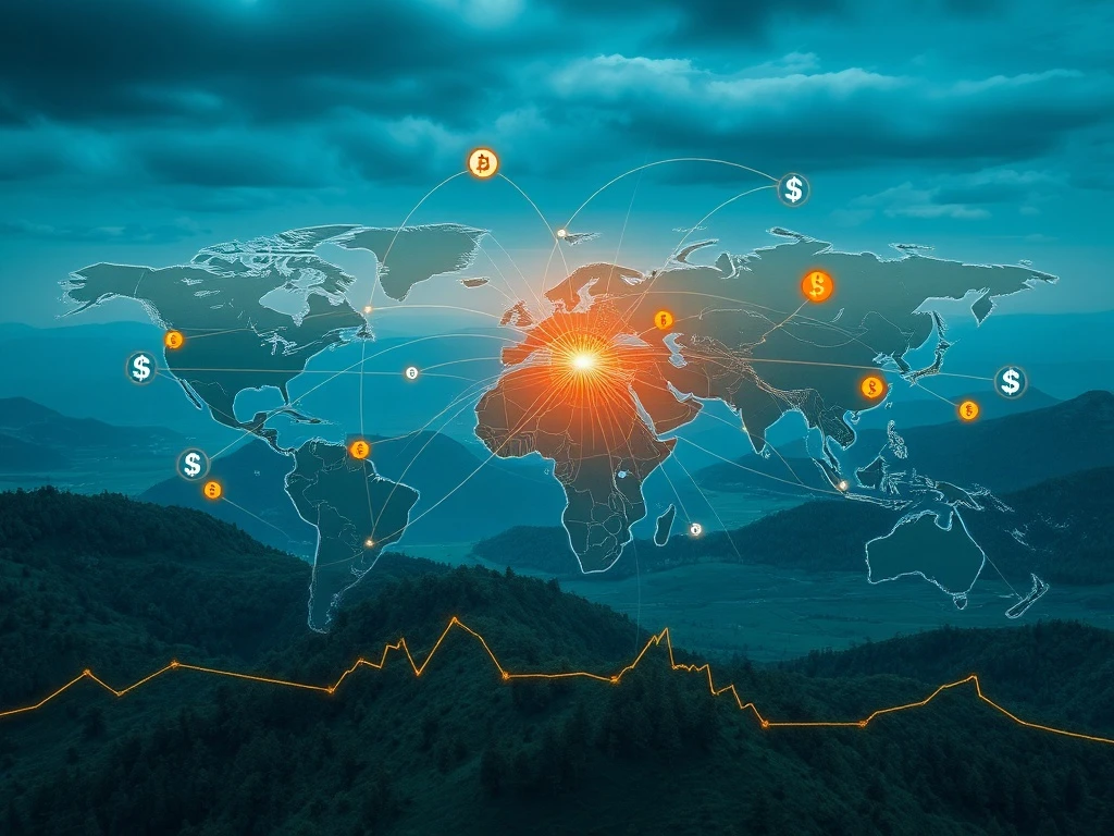 A visual metaphor for stablecoin adoption causing global contagion, showing digital currency symbols creating ripple effects across a world map, highlighting financial instability.