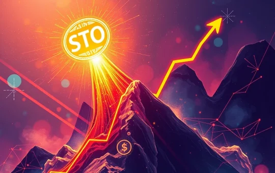 A digital chart showing the STO token price surging dramatically, symbolizing the significant cryptocurrency surge and capturing investor attention.