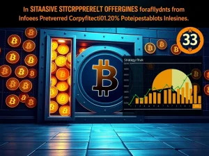 A strategic diagram illustrating Strategy Corp's massive Bitcoin purchases funded by a $2.5 billion preferred stock offering, impacting the crypto treasury.