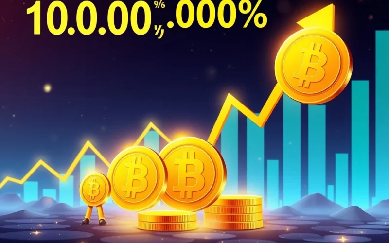 Visualizing the explosive growth potential of sub-$0.01 cryptocurrencies like LILPEPE, PEPE, and FLOKI aiming for 10,000% gains.