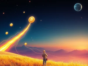 A visual representation of SUI crypto and Bitcoin tokens soaring, symbolizing the potential for financial growth and crypto retirement.