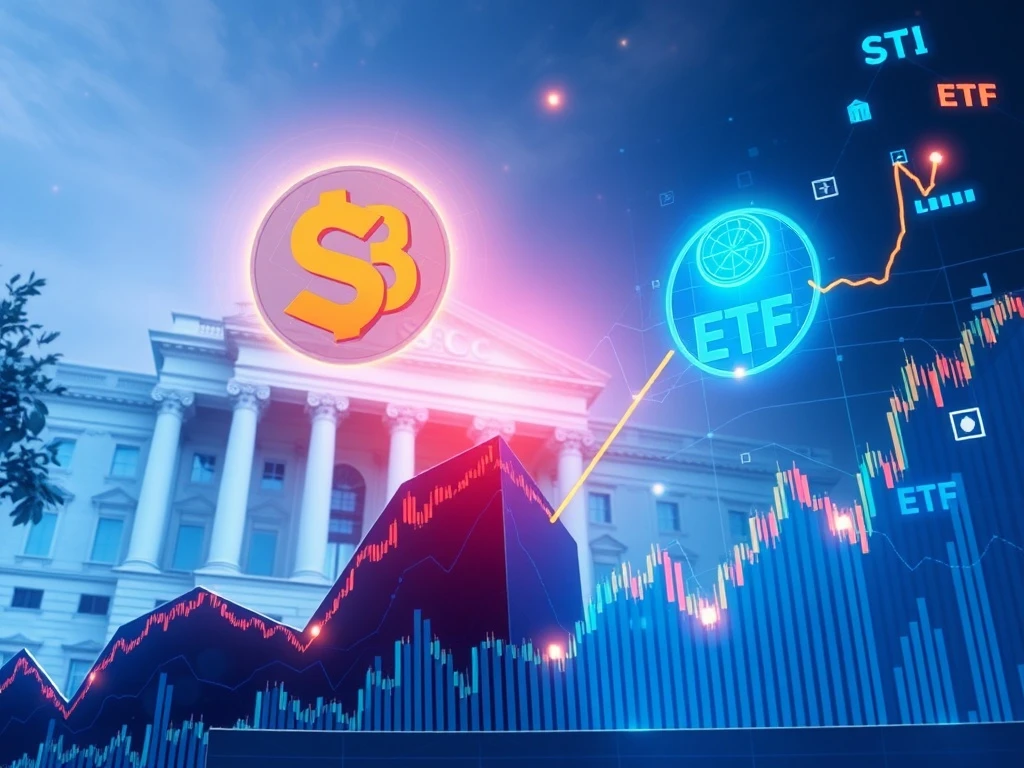 Chart showing a significant SUI token price surge, with a spotlight on the SEC building, representing the advancing SUI ETF approval process.